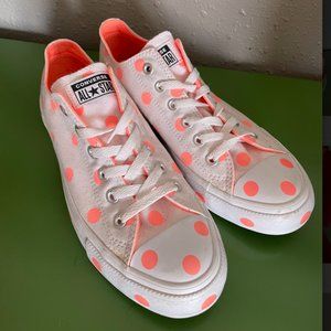 Women's Converse White with neon pink polka dots. Size 9.5.